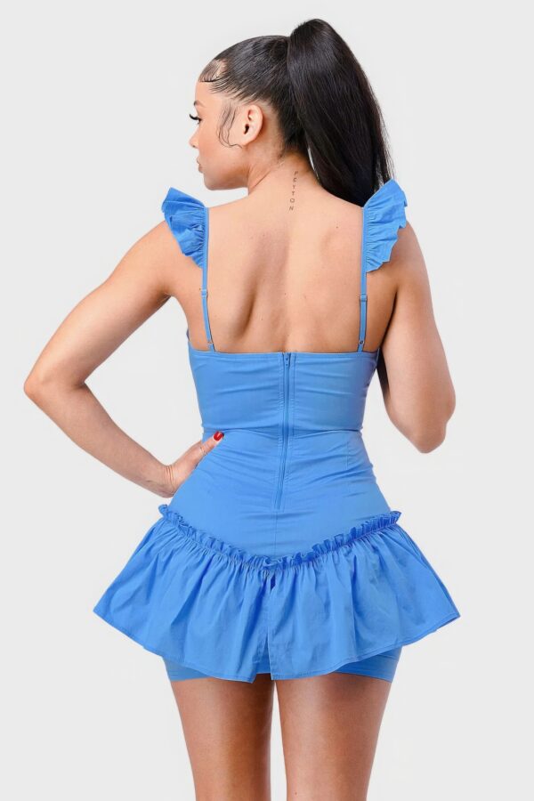 Sweetheart Drawstring-Bow Mini Dress with Ruffled Flutter Sleeves – Denim Blue