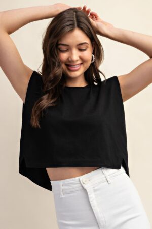 Sleeveless Crop Top with Shoulder Pads – Black