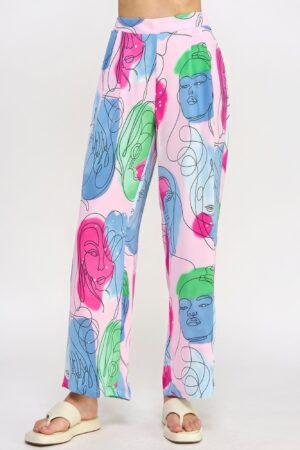 Printed Wide Leg Pant with Elastic Back – Bubble Gum Multi