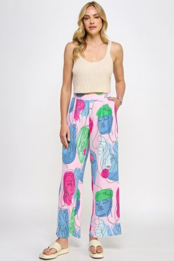 Printed Wide Leg Pant with Elastic Back – Bubble Gum Multi