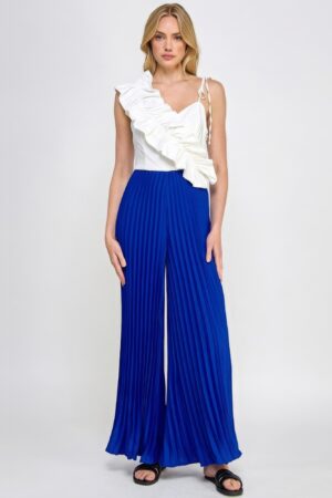 Asymmetrical Ruffle Cami Jumpsuit – Pleated Bottom, Royal Blue/Off White