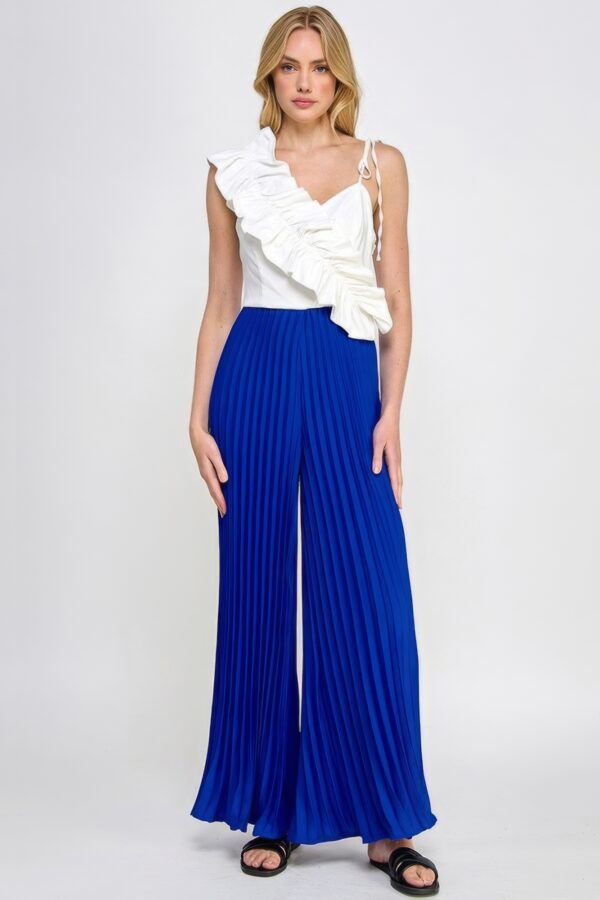 Asymmetrical Ruffle Cami Jumpsuit – Pleated Bottom, Royal Blue/Off White