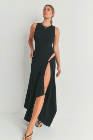 Maxi Dress with Slit – 100% Viscose Black