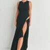 Maxi Dress with Slit – 100% Viscose Black