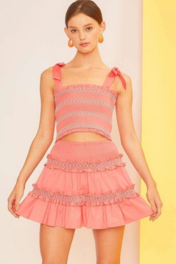 Smocked-Waist Ruffle Mini Skirt – Coral