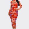 Mesh Ruched Midi Dress with Smock Neck – Tomato/Purple