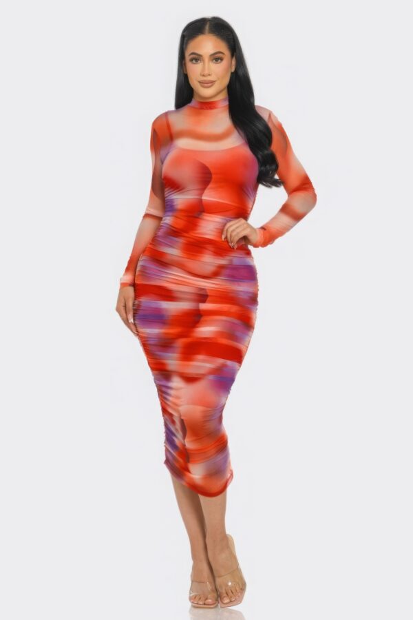 Mesh Ruched Midi Dress with Smock Neck – Tomato/Purple