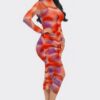 Mesh Ruched Midi Dress with Smock Neck – Tomato/Purple