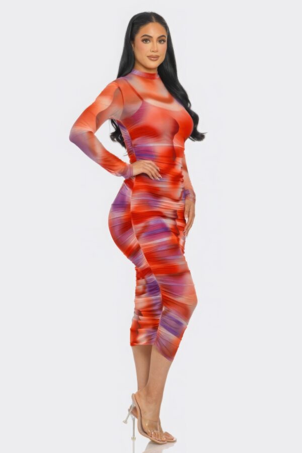 Mesh Ruched Midi Dress with Smock Neck – Tomato/Purple