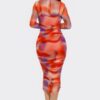 Mesh Ruched Midi Dress with Smock Neck – Tomato/Purple