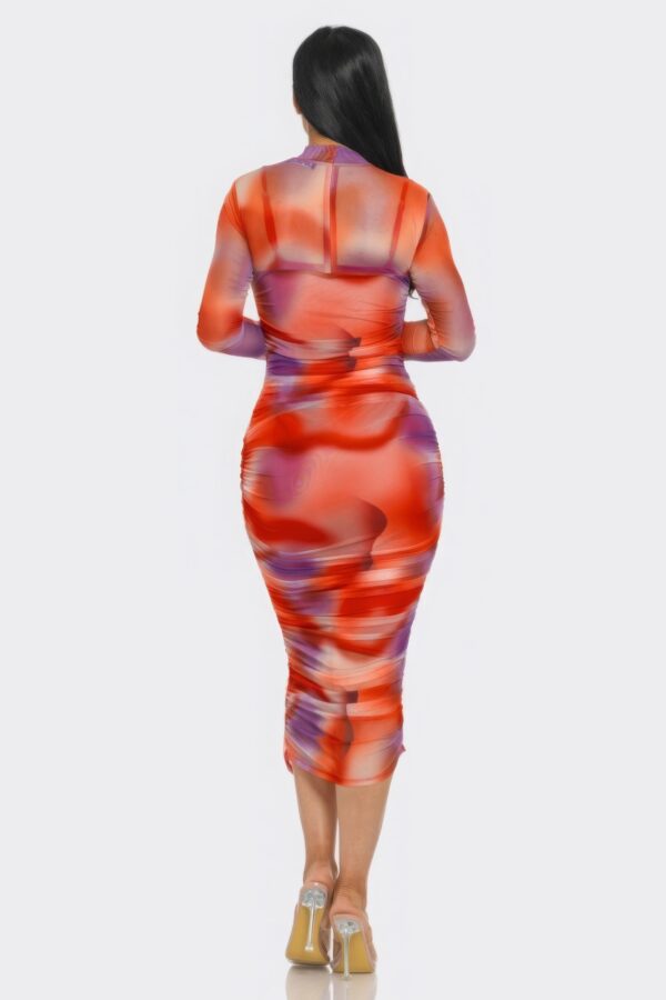 Mesh Ruched Midi Dress with Smock Neck – Tomato/Purple