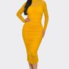 Mesh Ruched Midi Dress with Smock Neck – Mustard