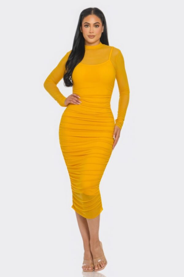 Mesh Ruched Midi Dress with Smock Neck – Mustard