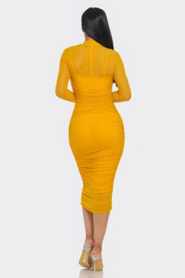 Mesh Ruched Midi Dress with Smock Neck – Mustard