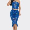Tropical Print Mesh Ruffle Halter Skirt Set – Blue
