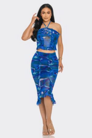 Tropical Print Mesh Ruffle Halter Skirt Set – Blue