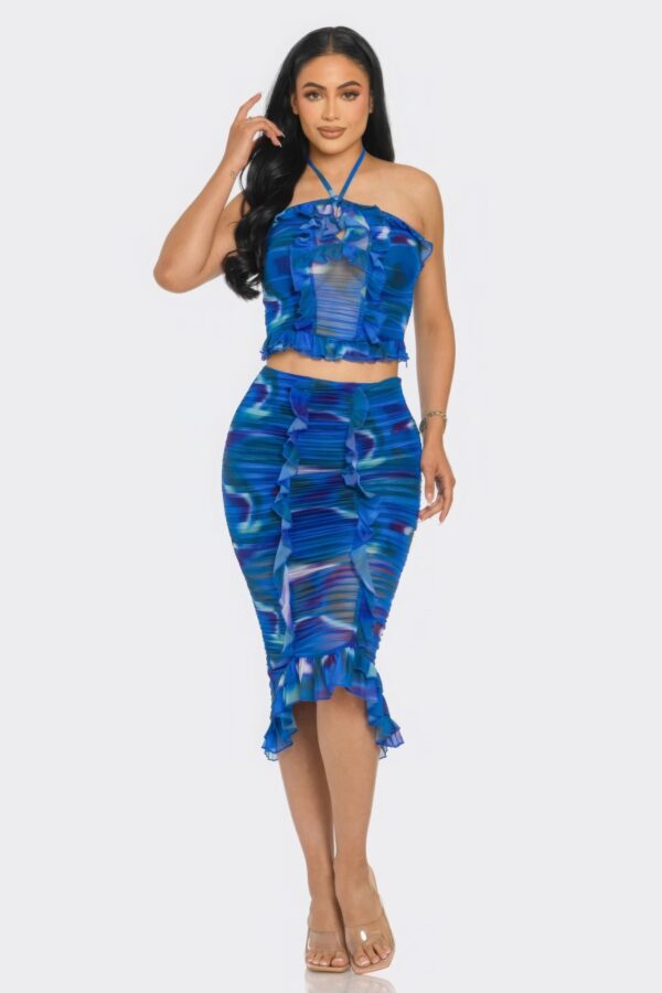 Tropical Print Mesh Ruffle Halter Skirt Set – Blue