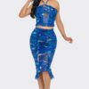 Tropical Print Mesh Ruffle Halter Skirt Set – Blue