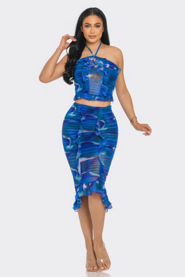 Tropical Print Mesh Ruffle Halter Skirt Set – Blue