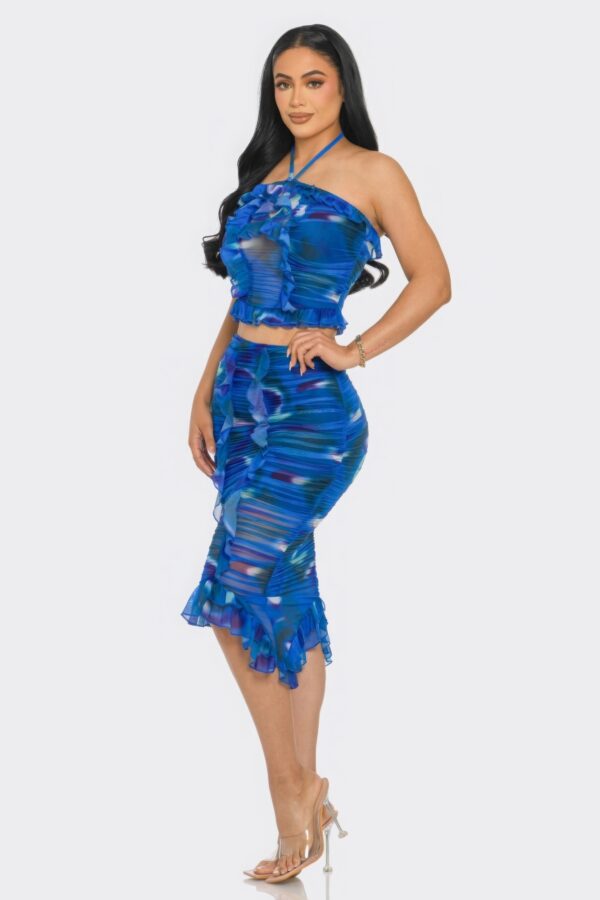 Tropical Print Mesh Ruffle Halter Skirt Set – Blue