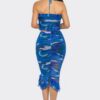 Tropical Print Mesh Ruffle Halter Skirt Set – Blue