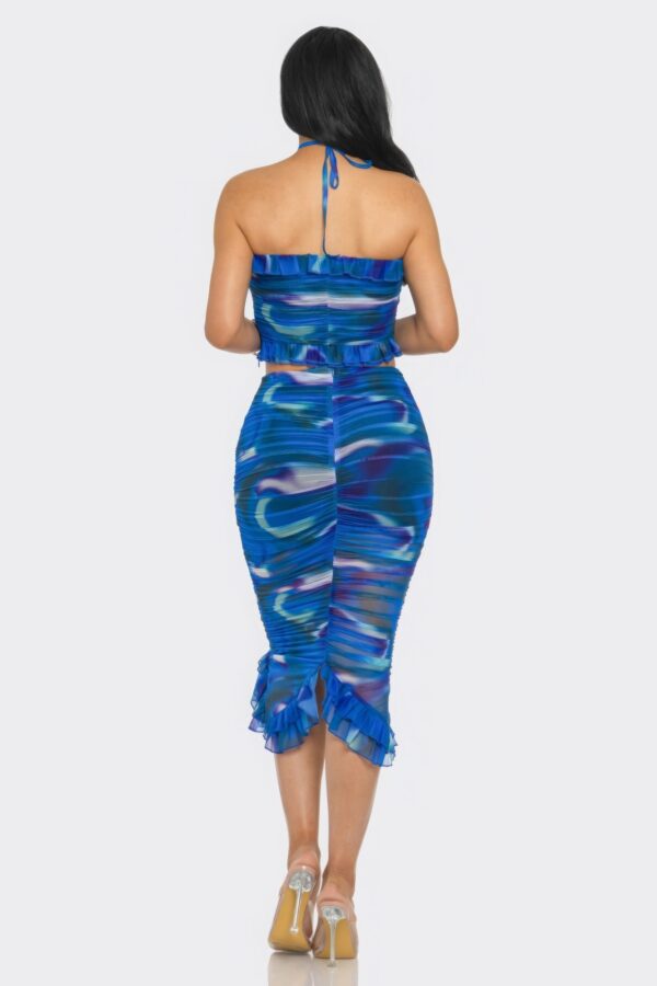 Tropical Print Mesh Ruffle Halter Skirt Set – Blue