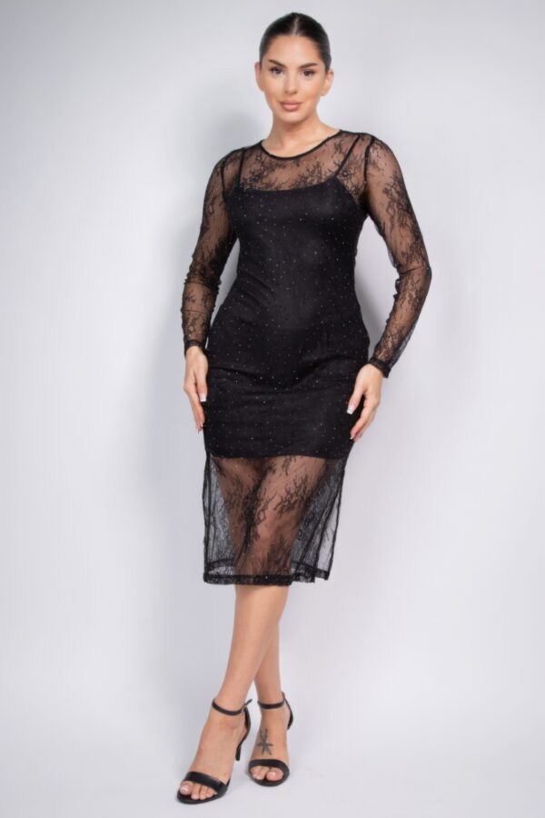 Lace Rhinestone-Studded Midi Dress with Side Slit – Black