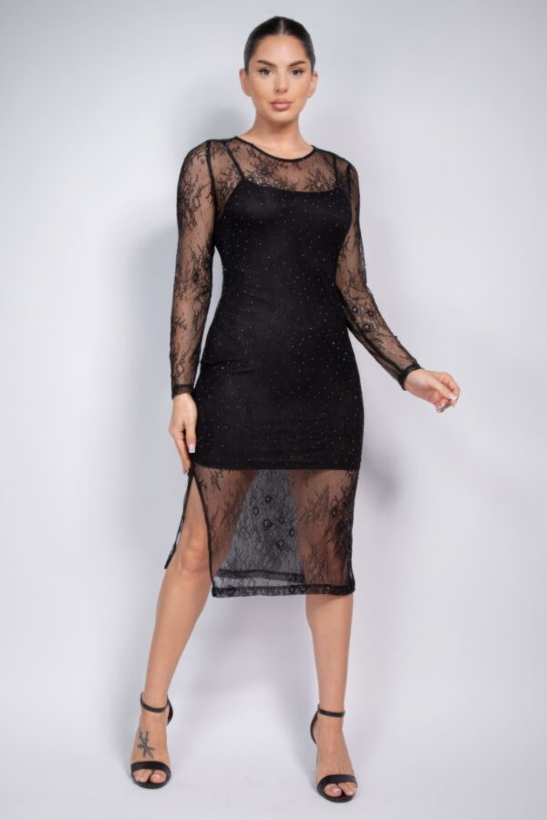 Lace Rhinestone-Studded Midi Dress with Side Slit – Black