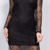 Lace Rhinestone-Studded Midi Dress with Side Slit – Black