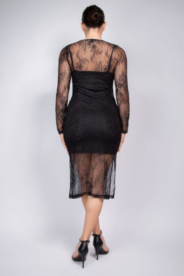 Lace Rhinestone-Studded Midi Dress with Side Slit – Black