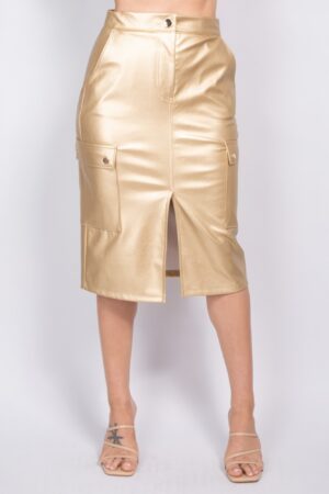 Faux Leather High-Rise Cargo Midi Skirt – Gold