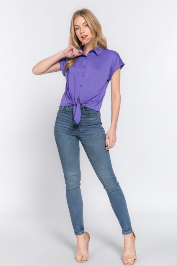 Stretch ITY Short-Sleeve Front-Tie Top – Purple