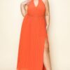 Chiffon Pleated Maxi Dress with Gold-Trim Neck and Belt – Rust