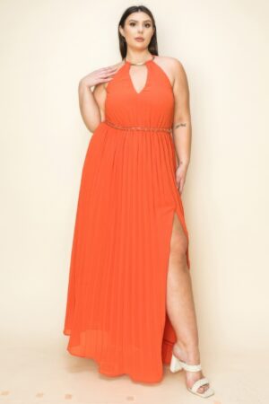 Chiffon Pleated Maxi Dress with Gold-Trim Neck and Belt – Rust