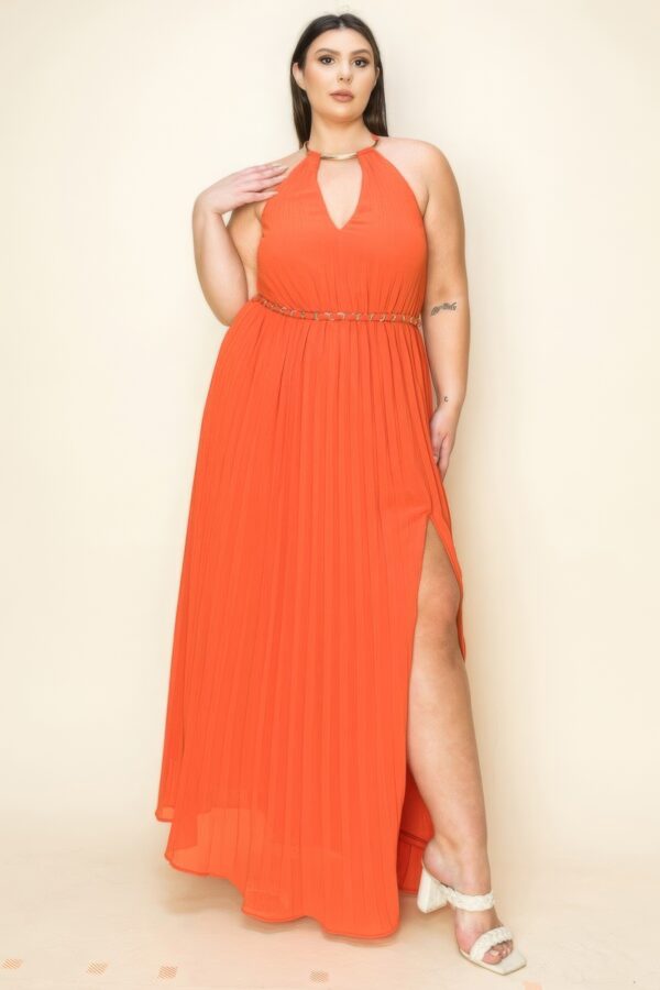 Chiffon Pleated Maxi Dress with Gold-Trim Neck and Belt – Rust