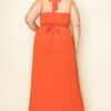Chiffon Pleated Maxi Dress with Gold-Trim Neck and Belt – Rust
