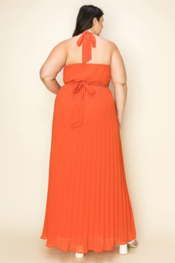 Chiffon Pleated Maxi Dress with Gold-Trim Neck and Belt – Rust