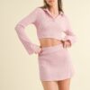 Waffle Knit Bell-Sleeve Top & Skirt Set – Pink