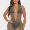 Fishnet Rhinestone Halter Cover-Up Dress – Black