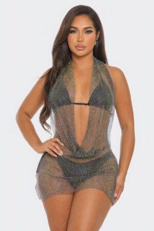 Fishnet Rhinestone Halter Cover-Up Dress – Black