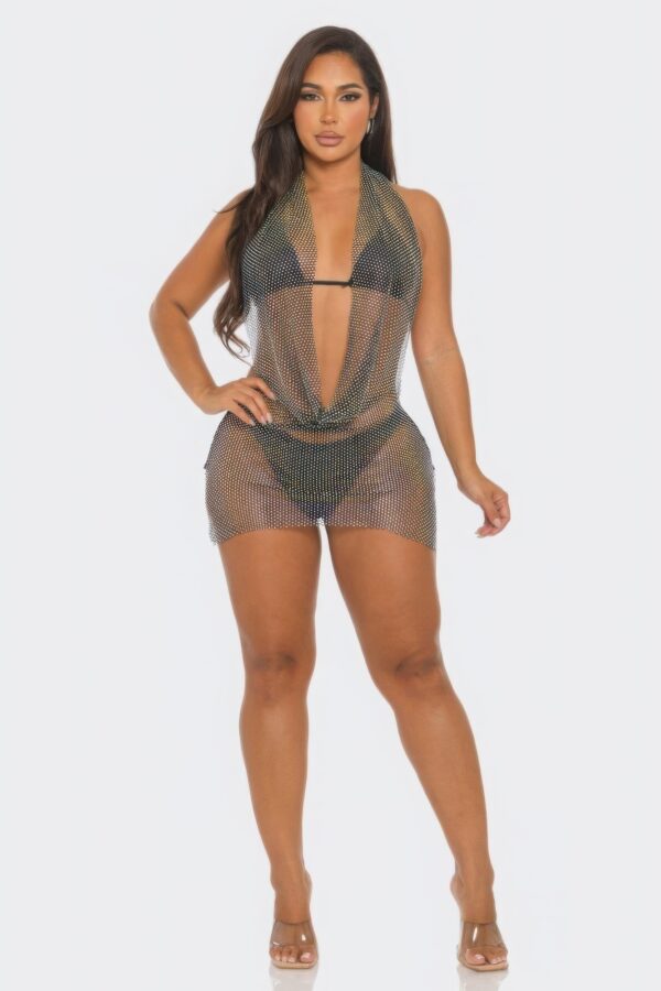 Fishnet Rhinestone Halter Cover-Up Dress – Black