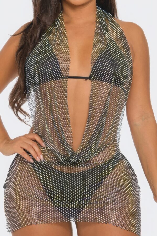Fishnet Rhinestone Halter Cover-Up Dress – Black