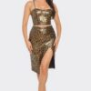 PU Cheetah Print Crop Top & Front Wrap Slit Skirt Set