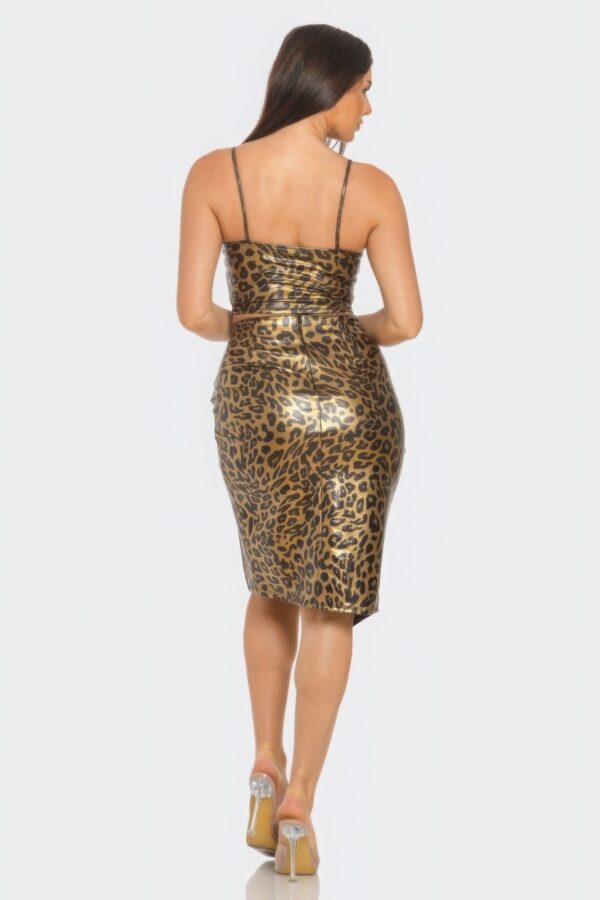 PU Cheetah Print Crop Top & Front Wrap Slit Skirt Set