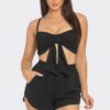 Bow-Front Twist-Tie Crop Top & Shorts Set – Black