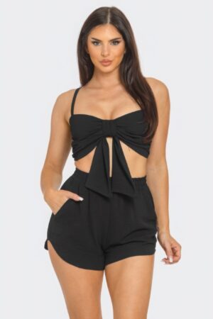 Bow-Front Twist-Tie Crop Top & Shorts Set – Black