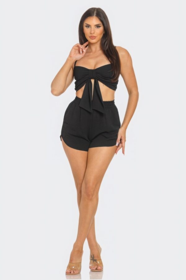 Bow-Front Twist-Tie Crop Top & Shorts Set – Black