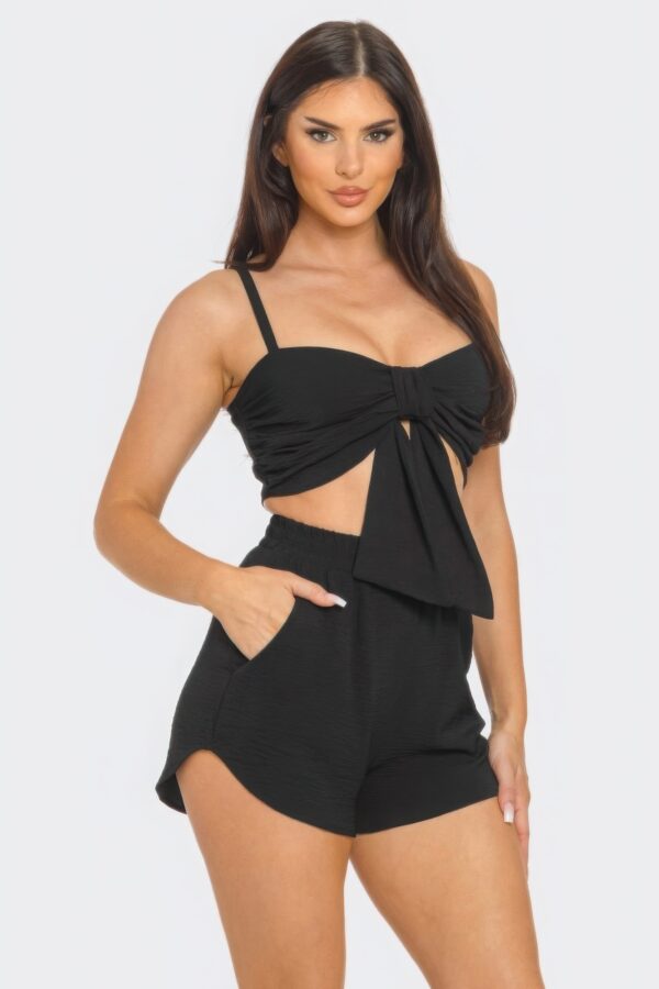 Bow-Front Twist-Tie Crop Top & Shorts Set – Black