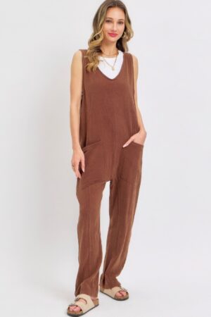 Mineral Washed Cotton Gauze Jumpsuit – Brown