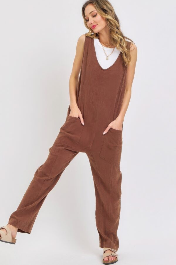 Mineral Washed Cotton Gauze Jumpsuit – Brown